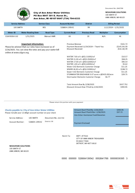 USA Michigan City of Ann Arbor Water Utilities business utility bill template in Word and PDF formats